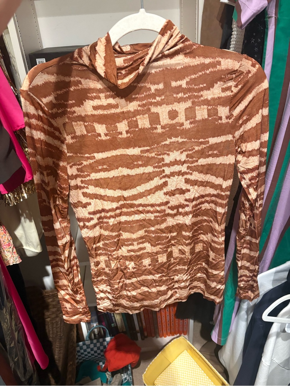 Ulla Johnson Aurelia Turtleneck Brown and Cream Printed Long Sleeve Tee